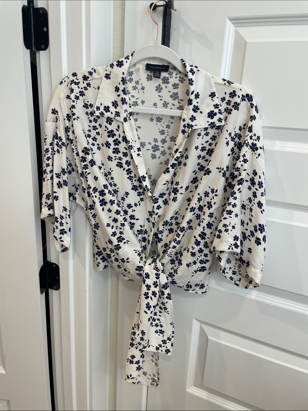 Tahari White Button-Front Tie Blouse with Navy Floral Print
